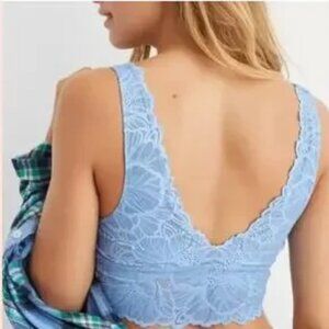 Aerie Holiday Best Lace Waffle Longline Bralette Blue S